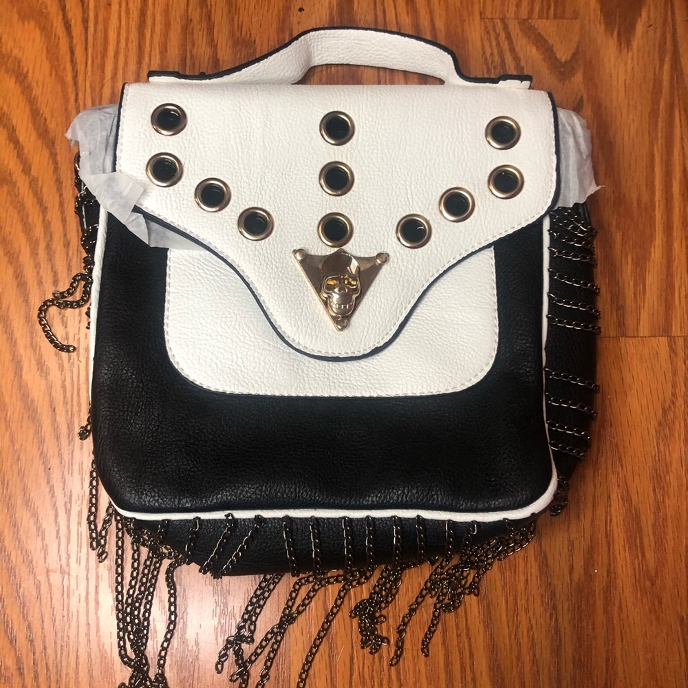 Black and White Faux Leather purse with chains